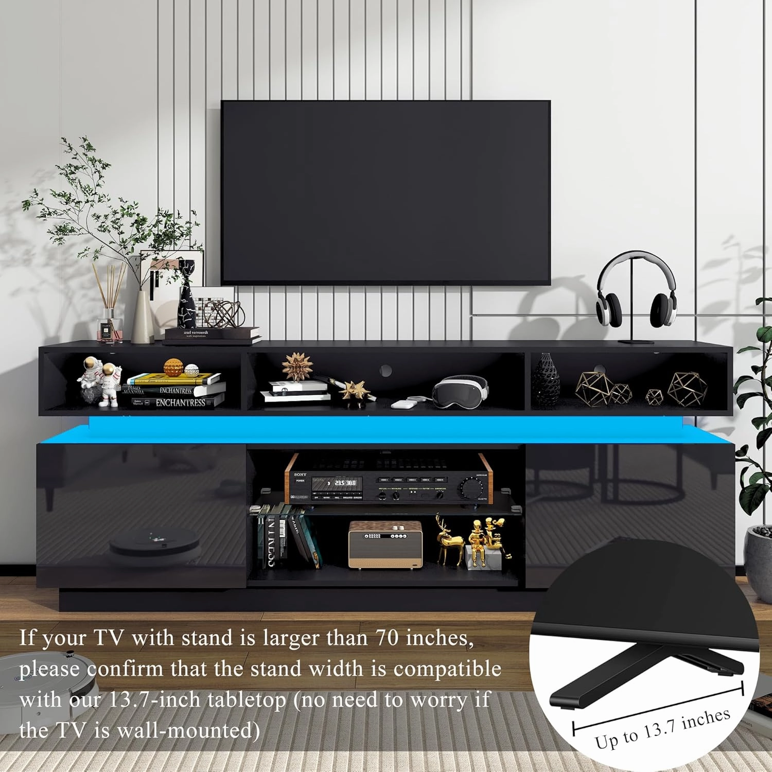 LED TV Stand for 80 Inch TV, Modern Tall Entertainment Center with Storage, High Gloss Gaming TV Media Console with Glass Shelf for Living Room, 70 Inch, Black