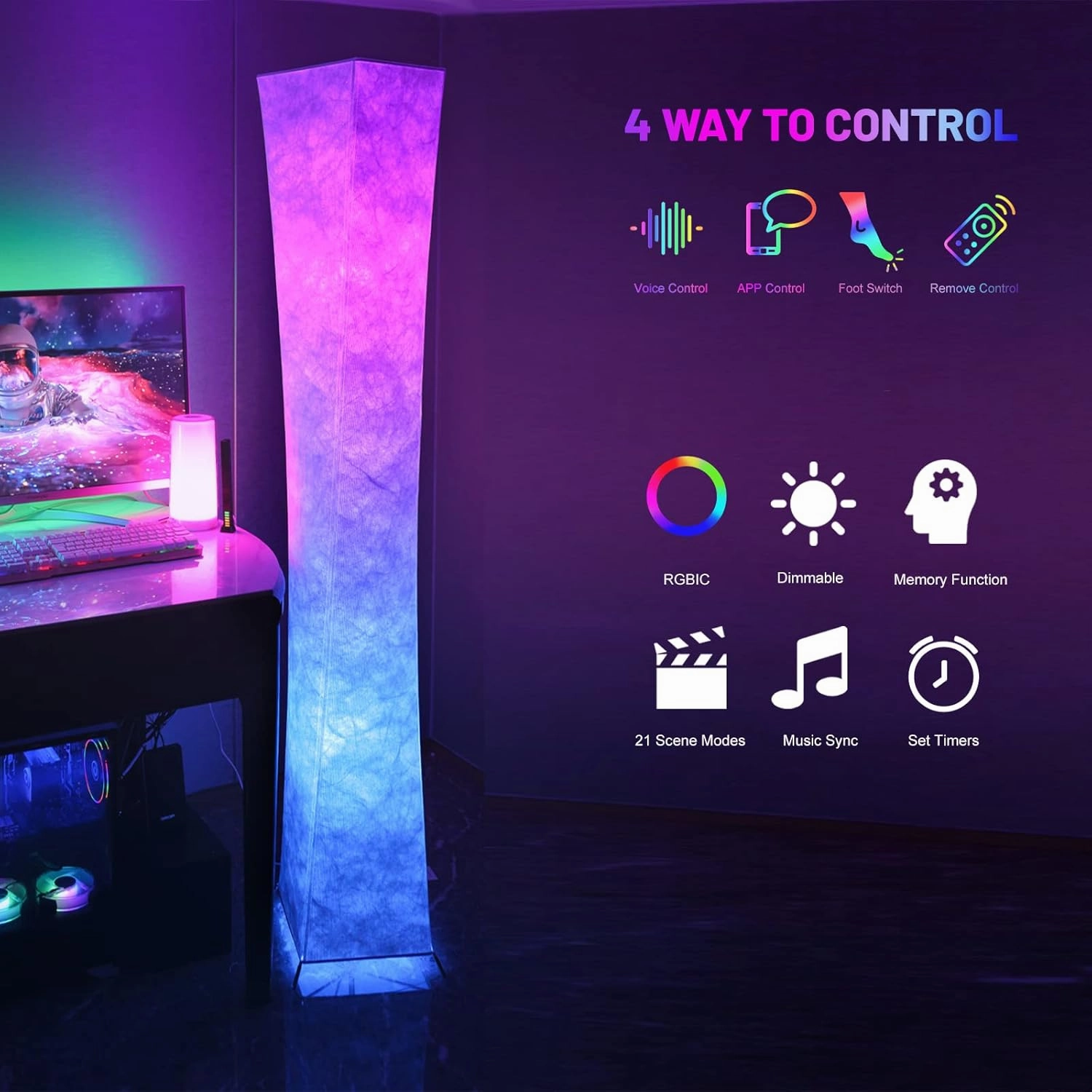 LEONC 61" Soft Light Floor Lamp for Game Room and TV, RGB Color Changing LED, Tyvek Fabric Shade, Smart App Control, Compatible with Alexa & Google Home, Music Sync and Multi Scene Modes,Floor Lamp