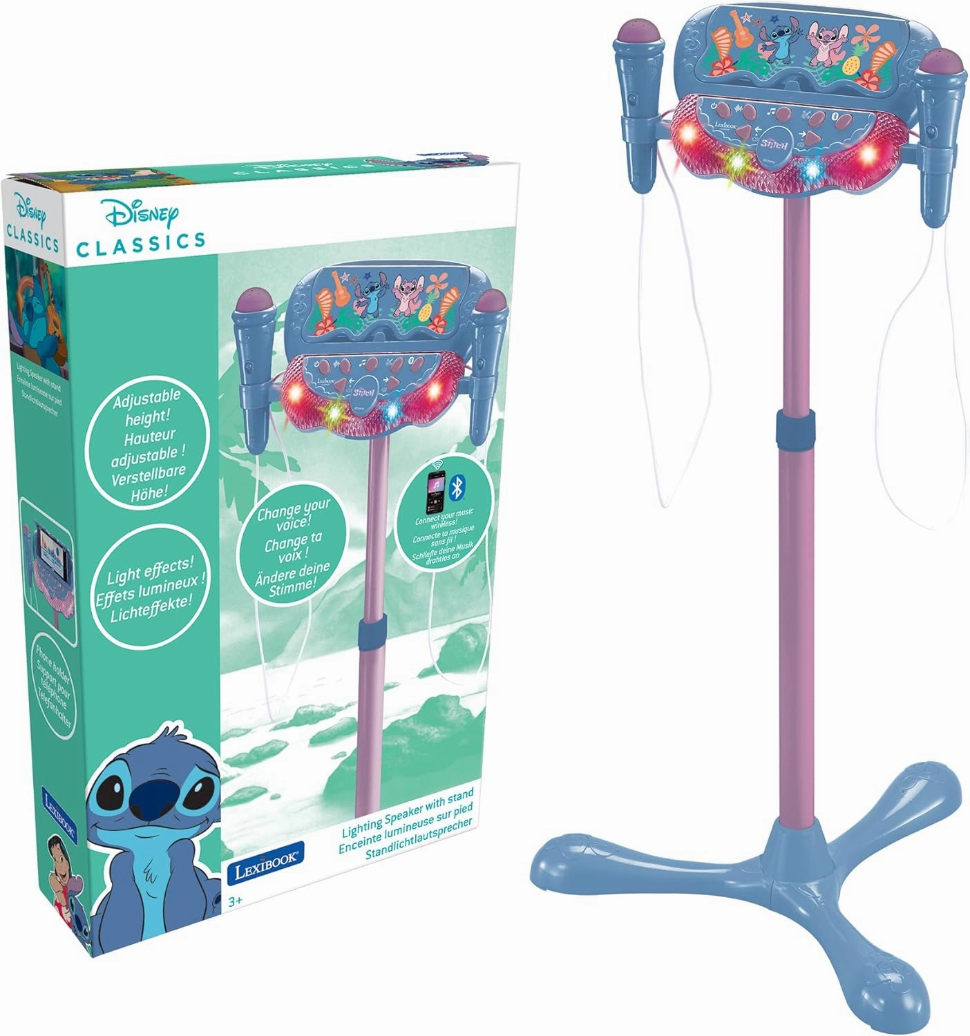 Lexibook Stitch, Children's Light Box with Stand, Musical Play, Adjustable Height, Light Effects, 2 Included Microphones, MP3 In, Bluetooth, Blue, S160D
