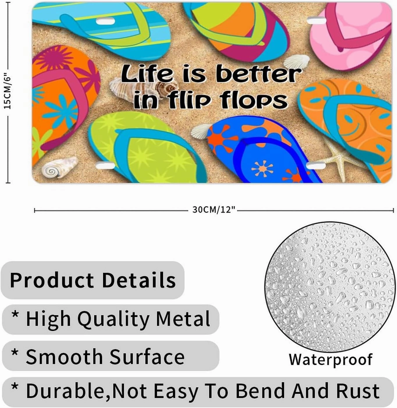 License Plate Colour Slippers Home Car License Plate Frame Life is Better in Flip Flops Metal Front License Plate Custom Beach Car Tags Car Plate Novelty License Plate Cover Frame 6 X 12 Inch