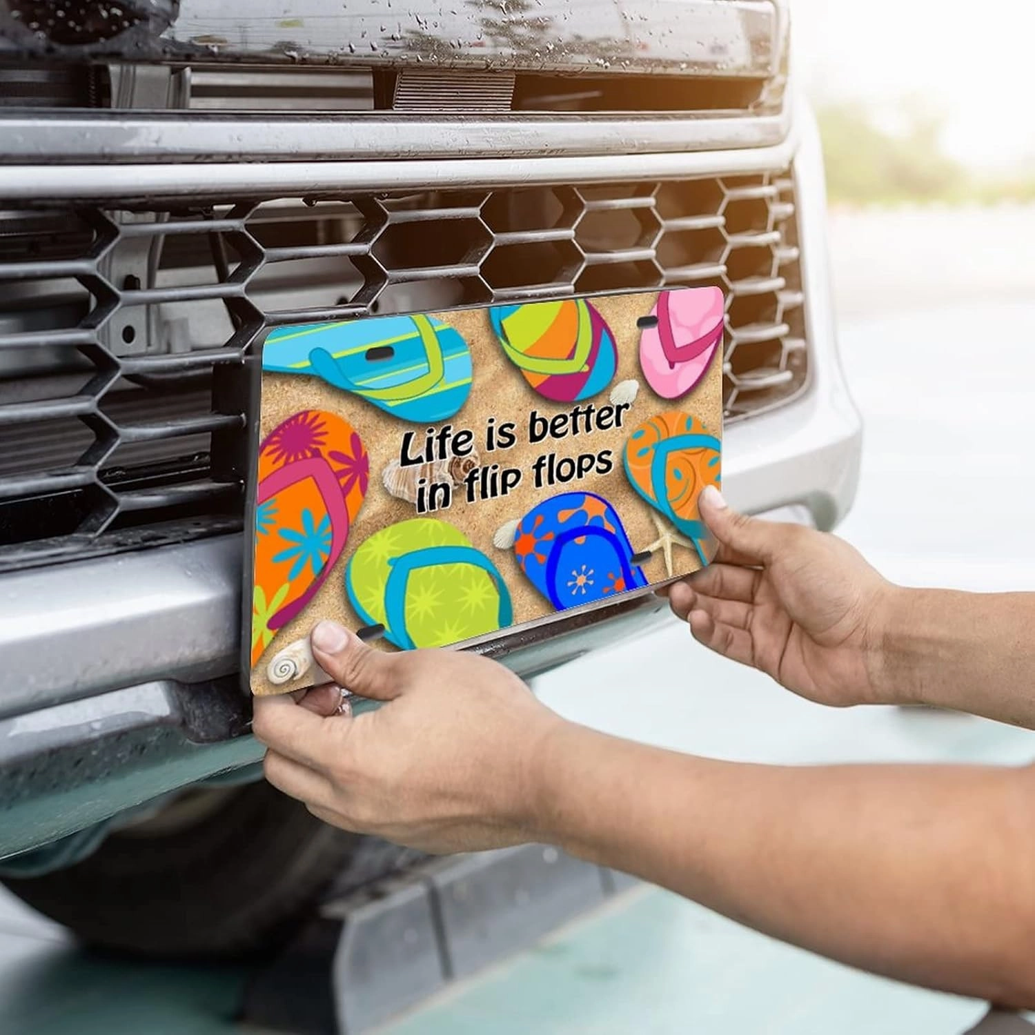 License Plate Colour Slippers Home Car License Plate Frame Life is Better in Flip Flops Metal Front License Plate Custom Beach Car Tags Car Plate Novelty License Plate Cover Frame 6 X 12 Inch