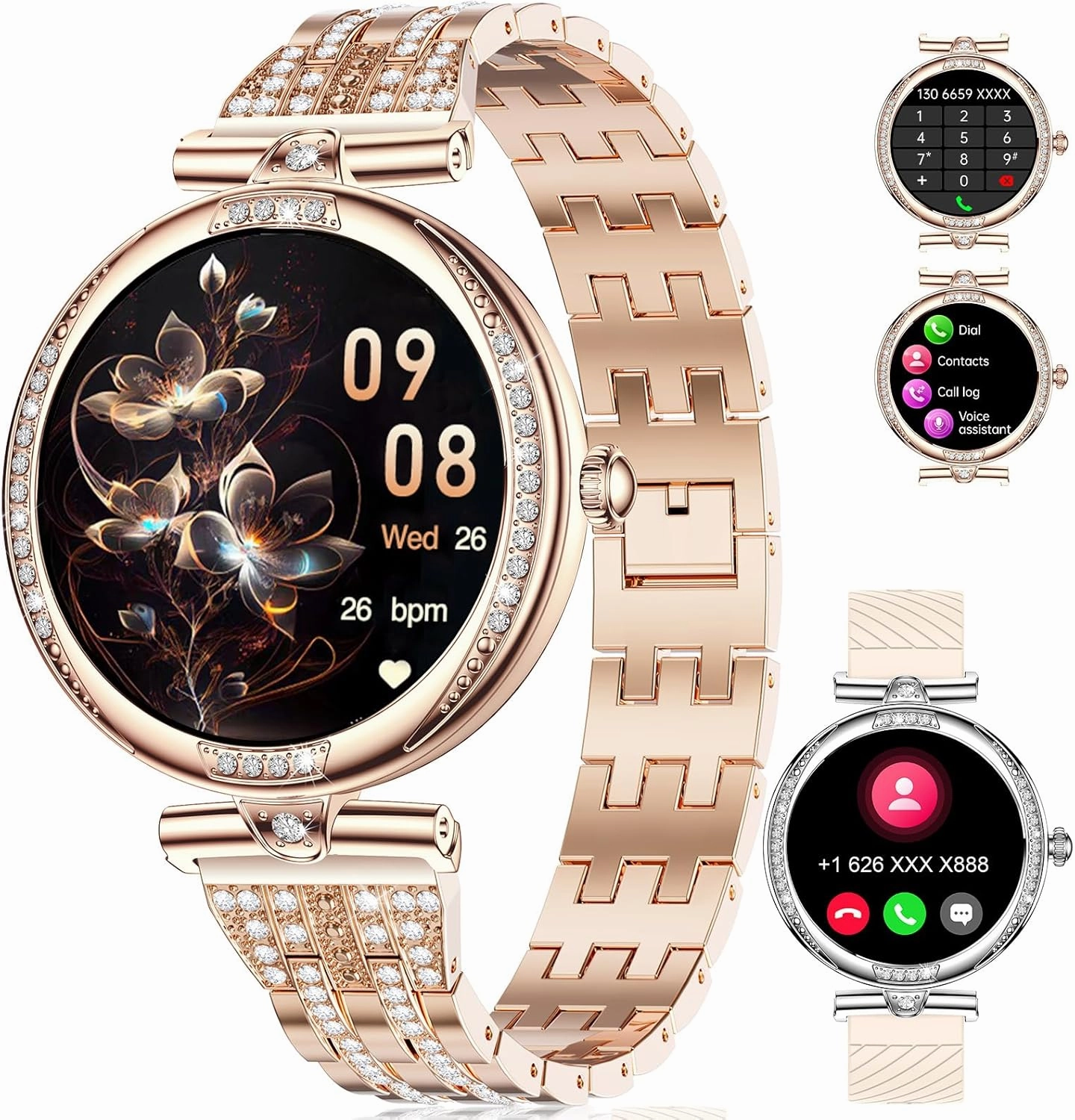LIGE Smart Watches for Women (Answer/Make Call) with Diamonds，1.19” AMOLED Smartwatch with Heart Rate/Sleep Monitor,IP68 Waterproof Fitness Tracker 111 Sport Modes Pedometer for Android iOS,Rose Gold