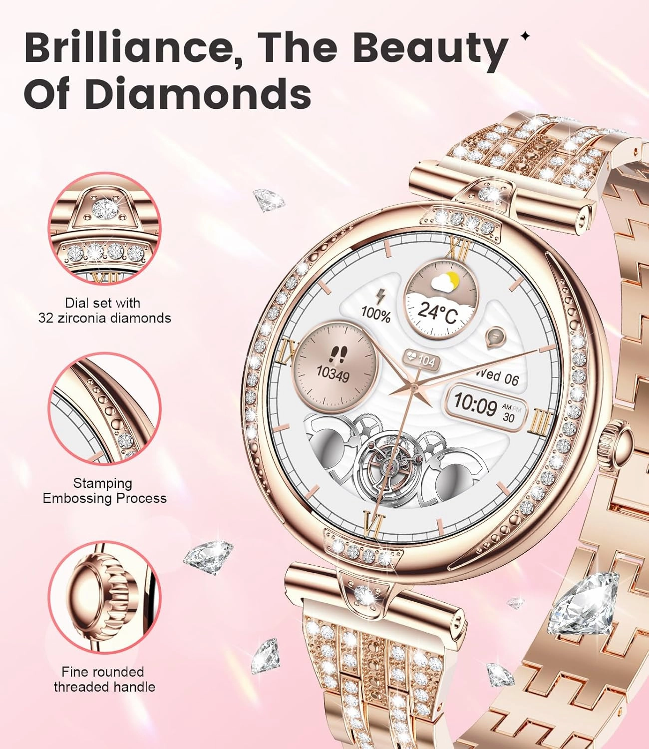 LIGE Smart Watches for Women (Answer/Make Call) with Diamonds，1.19” AMOLED Smartwatch with Heart Rate/Sleep Monitor,IP68 Waterproof Fitness Tracker 111 Sport Modes Pedometer for Android iOS,Rose Gold