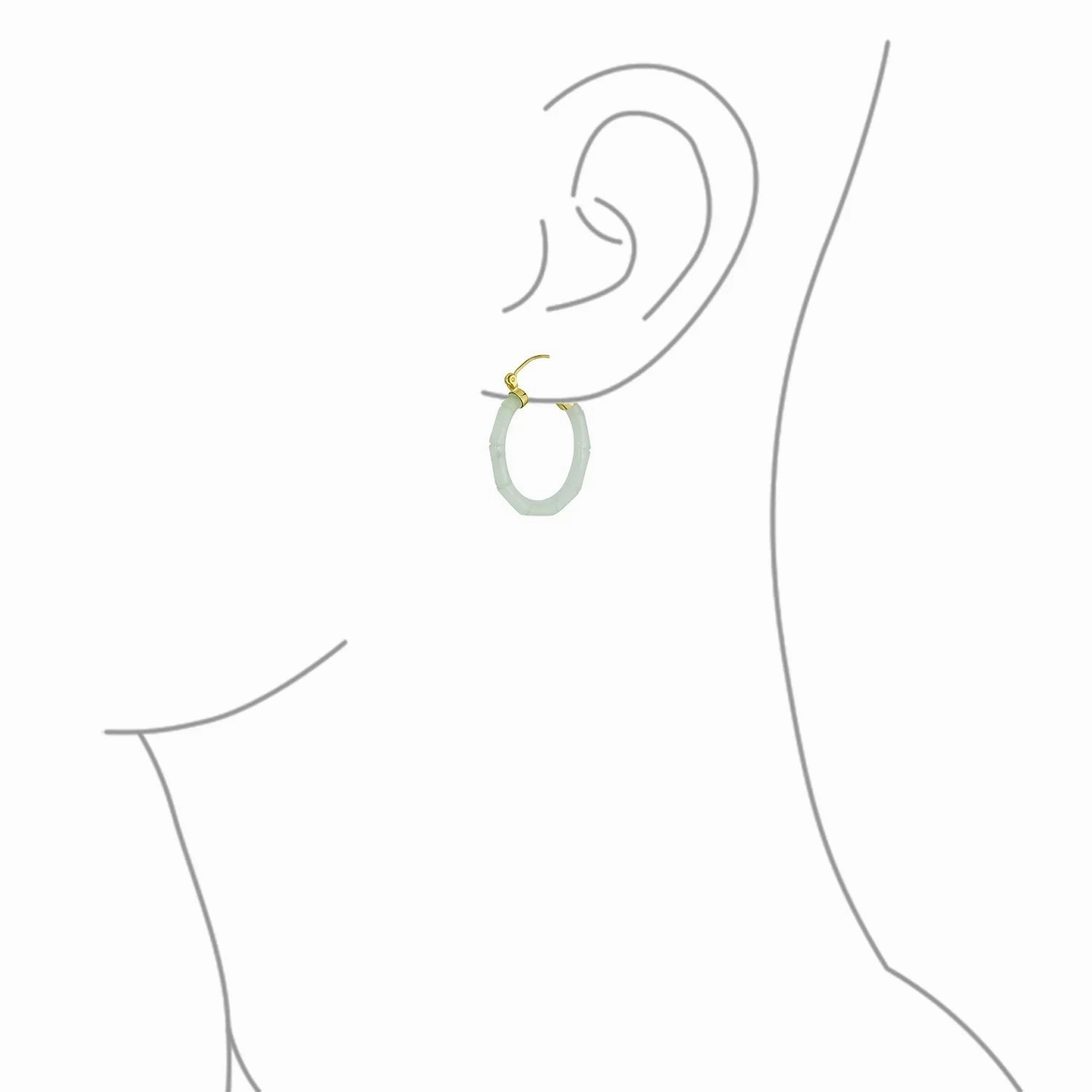 Light Green Jade Gemstone Bamboo CZ Hoop Earrings 14K Gold Plated Silver 1.2"