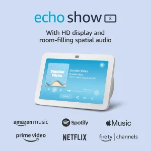 Like-New Amazon Echo Show 8 (newest model), With Spatial Audio, Smart Home Hub, and Alexa, Glacier White