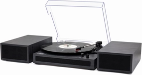 LP&No.1 Vinyl Record Player with Stereo Bookshelf Speakers, Vintage Wood Finish, 3-Speed Belt-Drive Turntable with Wireless Input Playback Mode, RCA Output, Auto Stop | Black Gray