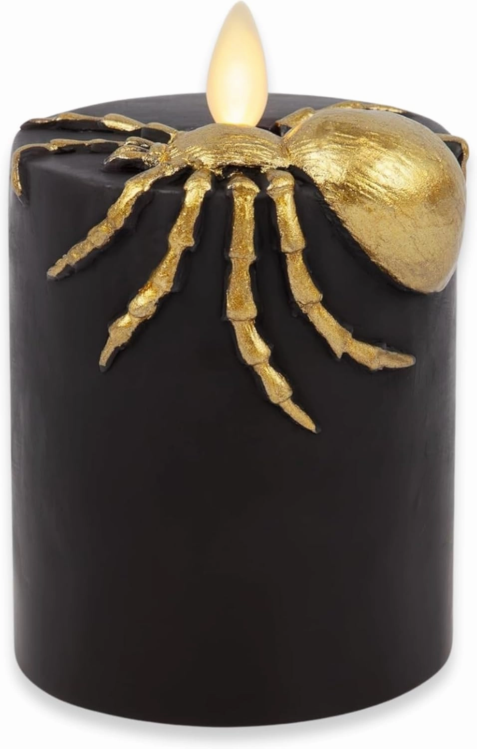 Luminara Spider Flameless LED Candle, Black & Gold 3" x 4.5", Moving Flame Pillar, Battery Operated Timer Real Wax Halloween Gothic Home Decor