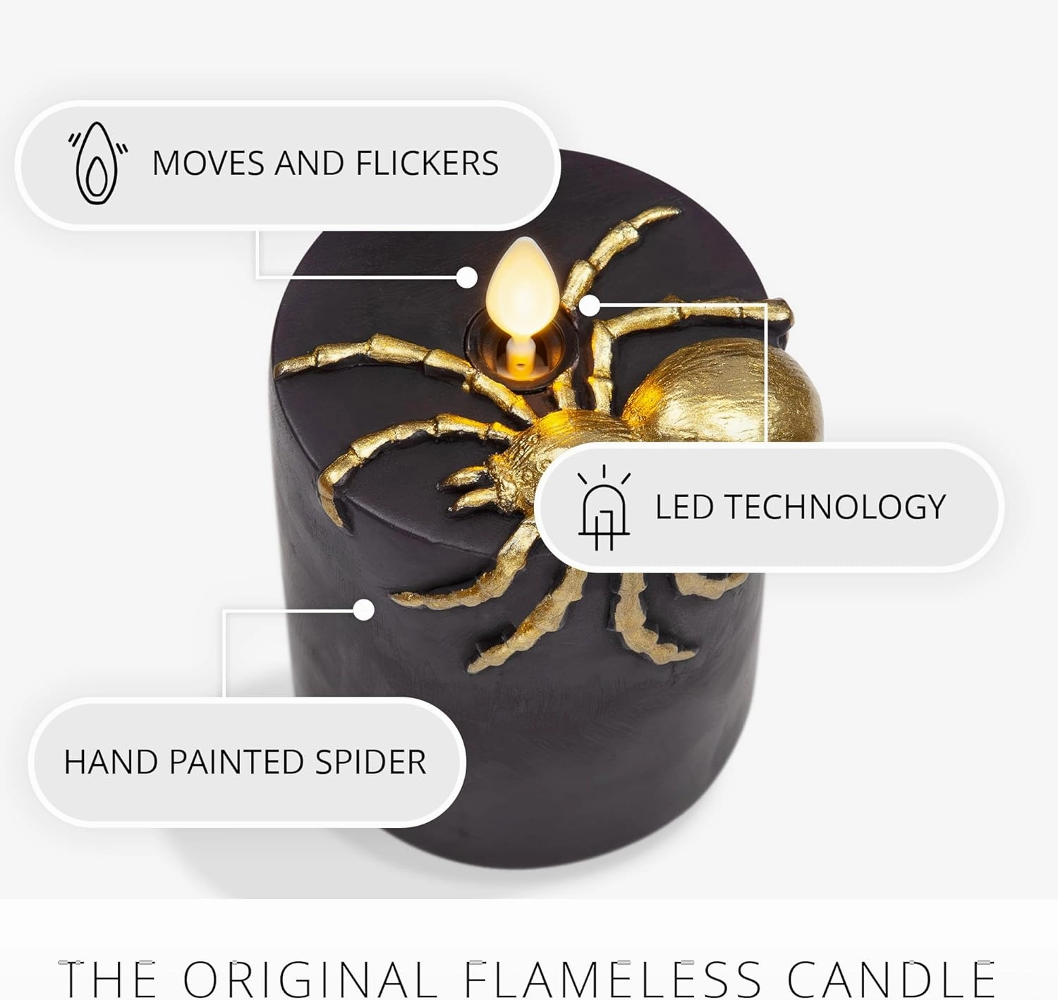 Luminara Spider Flameless LED Candle, Black & Gold 3" x 4.5", Moving Flame Pillar, Battery Operated Timer Real Wax Halloween Gothic Home Decor