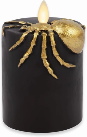 Luminara Spider Flameless LED Candle, Black & Gold 3" x 4.5", Moving Flame Pillar, Battery Operated Timer Real Wax Halloween Gothic Home Decor