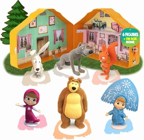 LUPPA Masha and The Bear Playset House, Top Notch Premium 6-Velvety Figurine Set in Tin-Lunchbox Easy to Carry & Store, Collectors' Delight