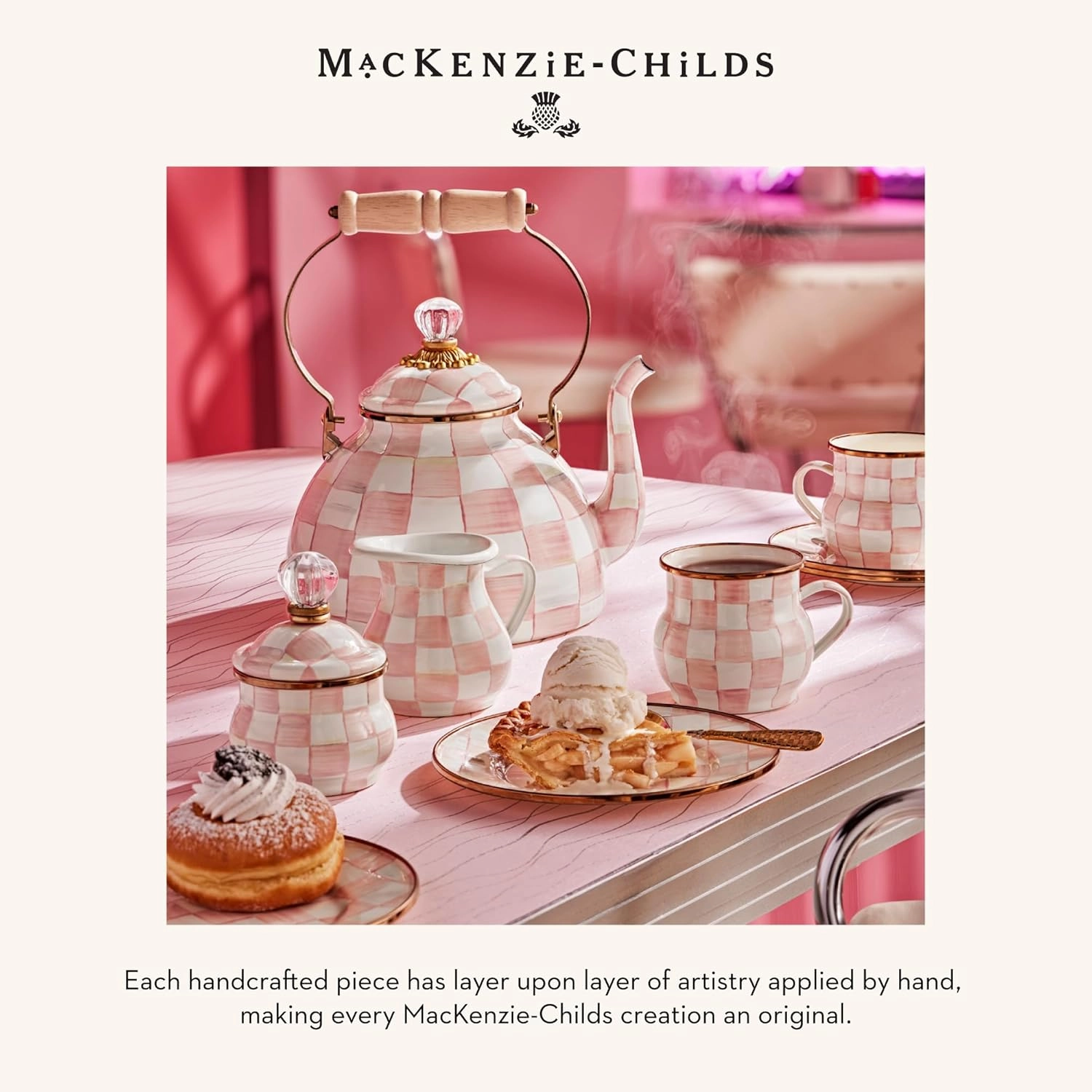 MACKENZIE-CHILDS Enamel Breakfast Bowl, Unique Soup Bowl or Cereal Bowl, Dinnerware, Pink-and-White Rosy Check, Set of 1