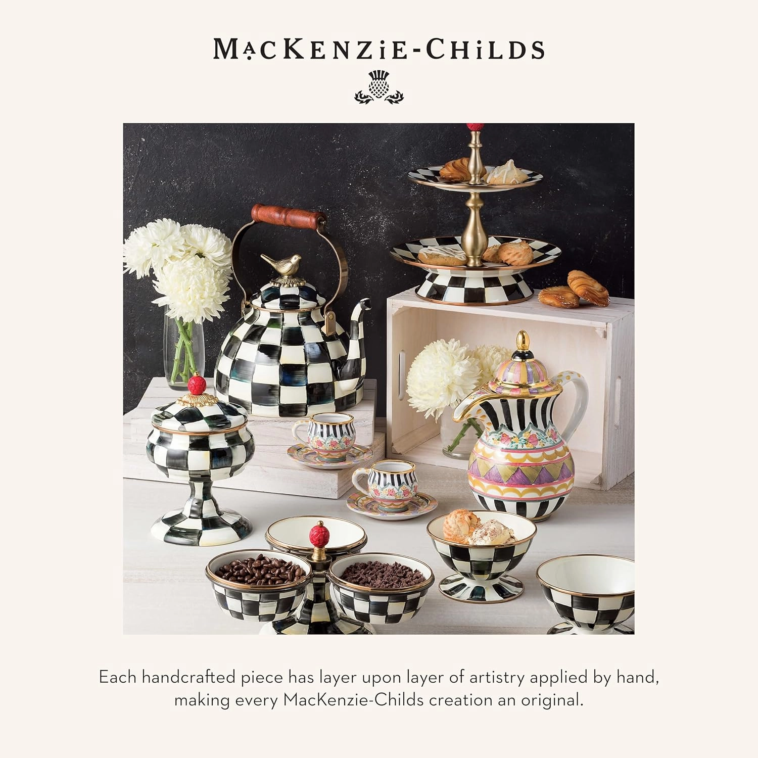 MACKENZIE-CHILDS Enamel Everyday Bowl, Serving Bowl for Entertaining, Large, Black-and-White Courtly Check, Set of 1
