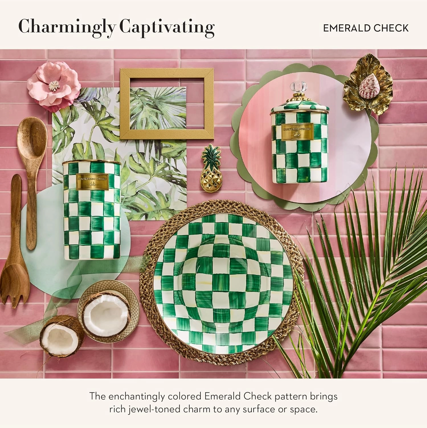 MACKENZIE-CHILDS Medium Enamel Canister, Kitchen Storage Container with Lid, Green-and-White Emerald Check