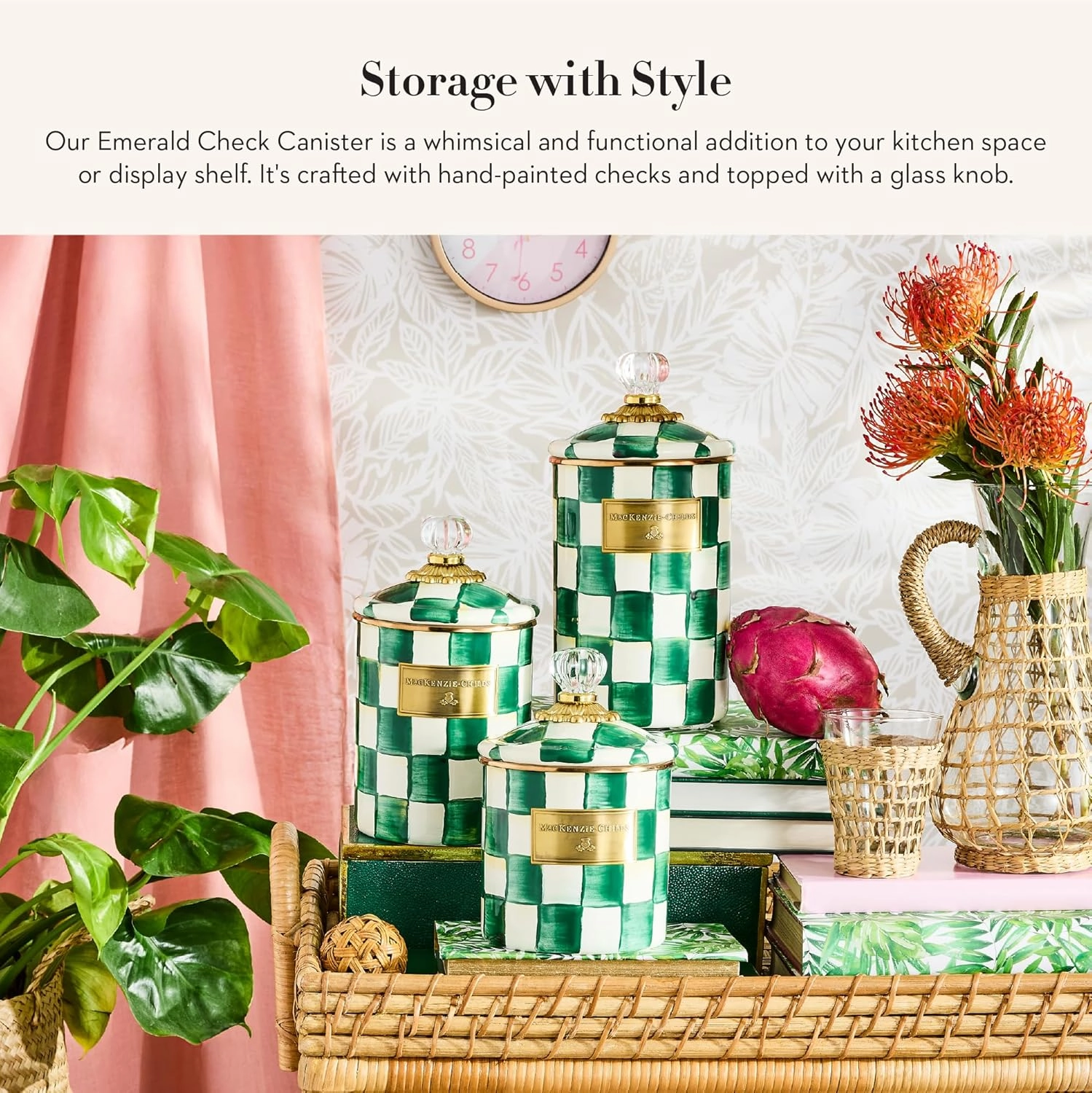 MACKENZIE-CHILDS Medium Enamel Canister, Kitchen Storage Container with Lid, Green-and-White Emerald Check