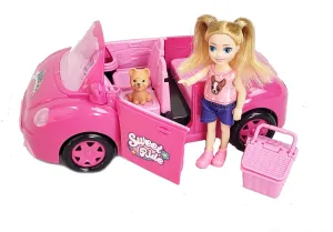 Maggie Cute Toy Car Vehicle with Golden Haired Doll Pet Dog, Picnic Basket, Toy Car with Open Doors, Trunk Storage for Ages 3 and Above