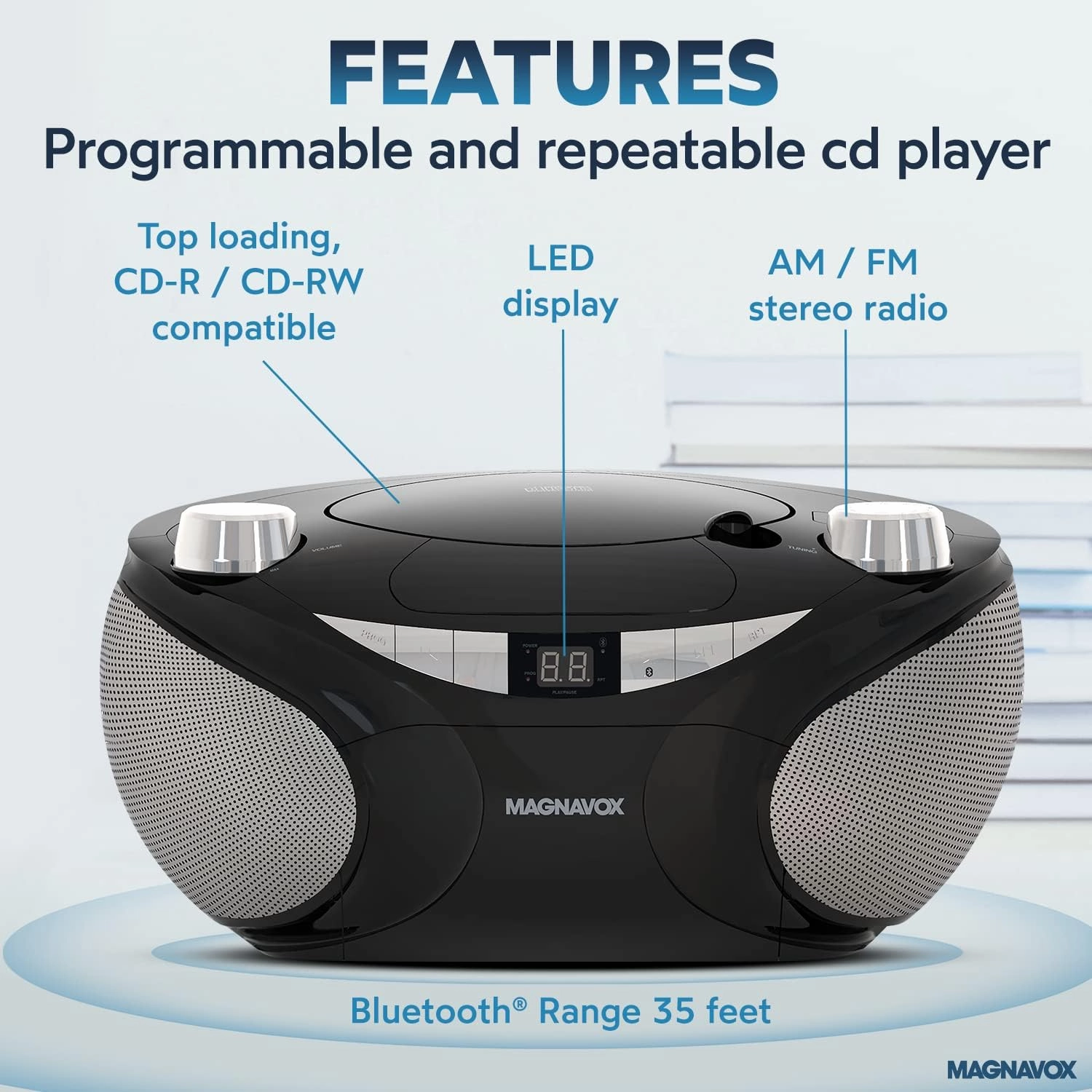 Magnavox MD6949 Portable Top Loading CD Boombox with AM/FM Stereo Radio and Bluetooth Wireless Technology in Black | CD-R/CD-RW Compatible | LED Display | (Black)