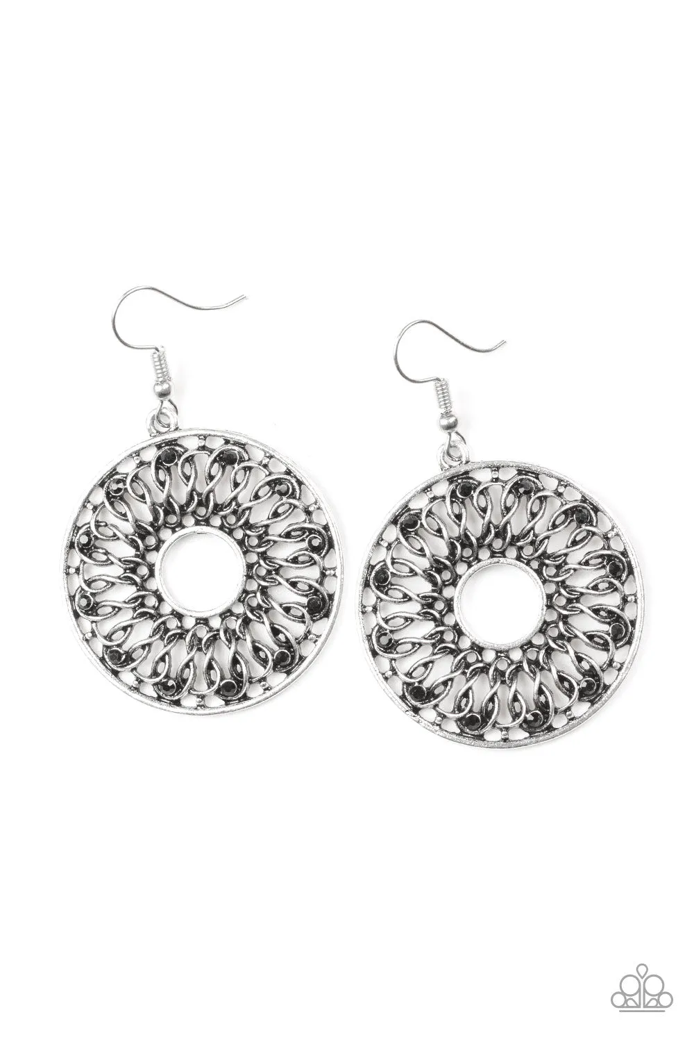 MALIBU MUSICAL - BLACK ONYX RHINESTONES CIRCLE TWISTED SILVER HOOP EARRINGS