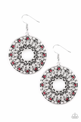 MALIBU MUSICAL - RED GARNET RUBY RHINESTONES CIRCLE WHEEL FILIGREE PENDANT HOOP EARRINGS