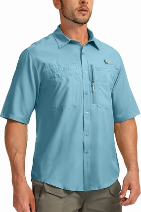 Men's Fishing Shirts with Zipper Pockets UPF 50  Lightweight Cool Short Sleeve Button Down Shirts for Men Casual Hiking