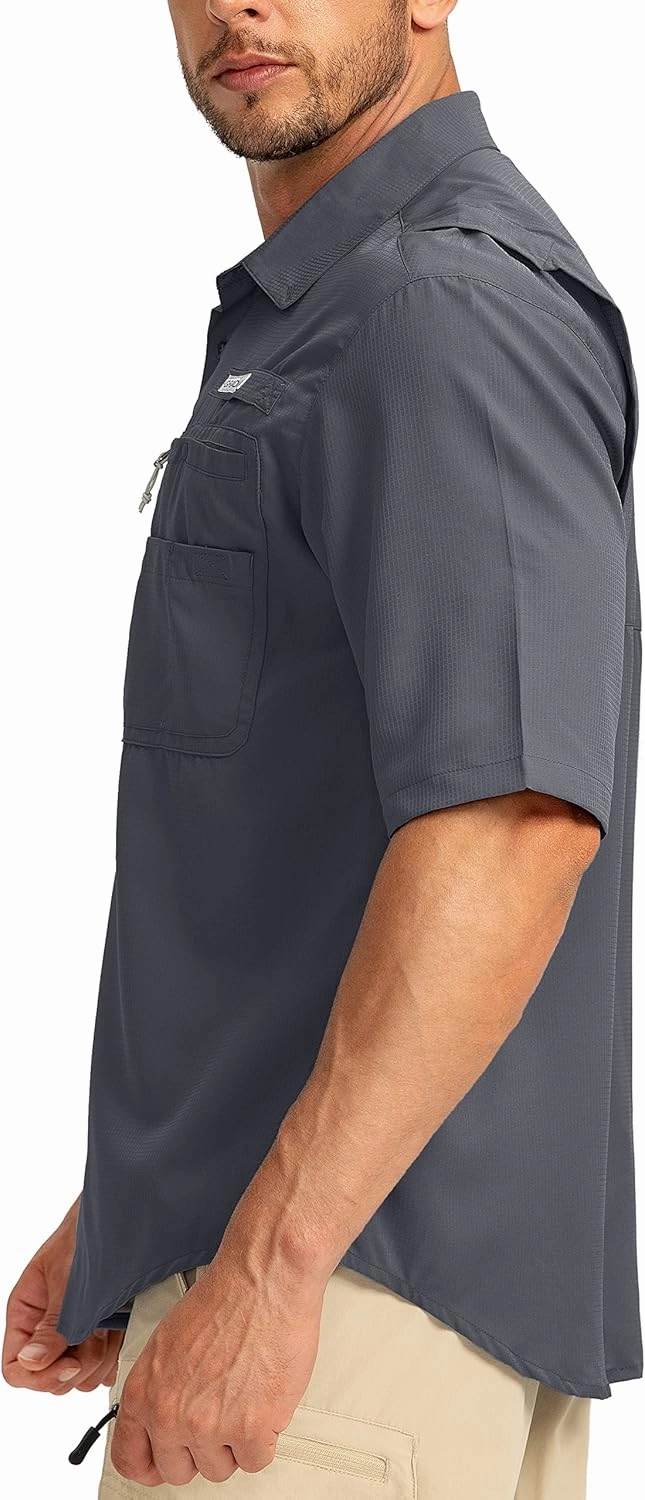 Men's Fishing Shirts with Zipper Pockets UPF 50  Lightweight Cool Short Sleeve Button Down Shirts for Men Casual Hiking