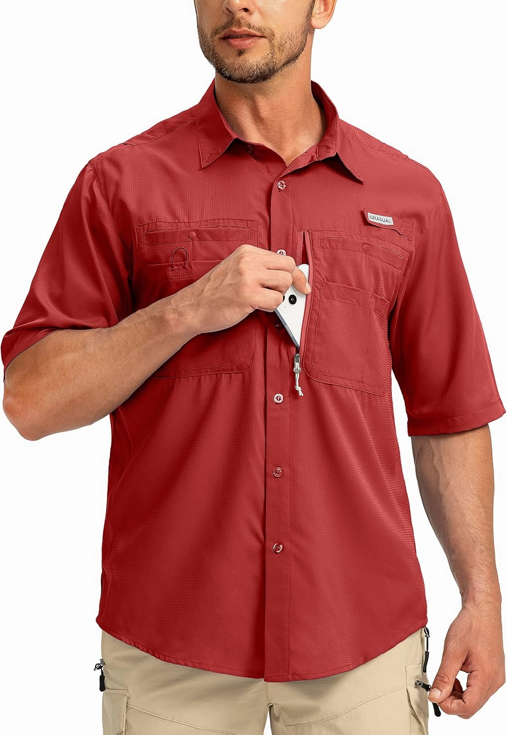 Men's Fishing Shirts with Zipper Pockets UPF 50  Lightweight Cool Short Sleeve Button Down Shirts for Men Casual Hiking