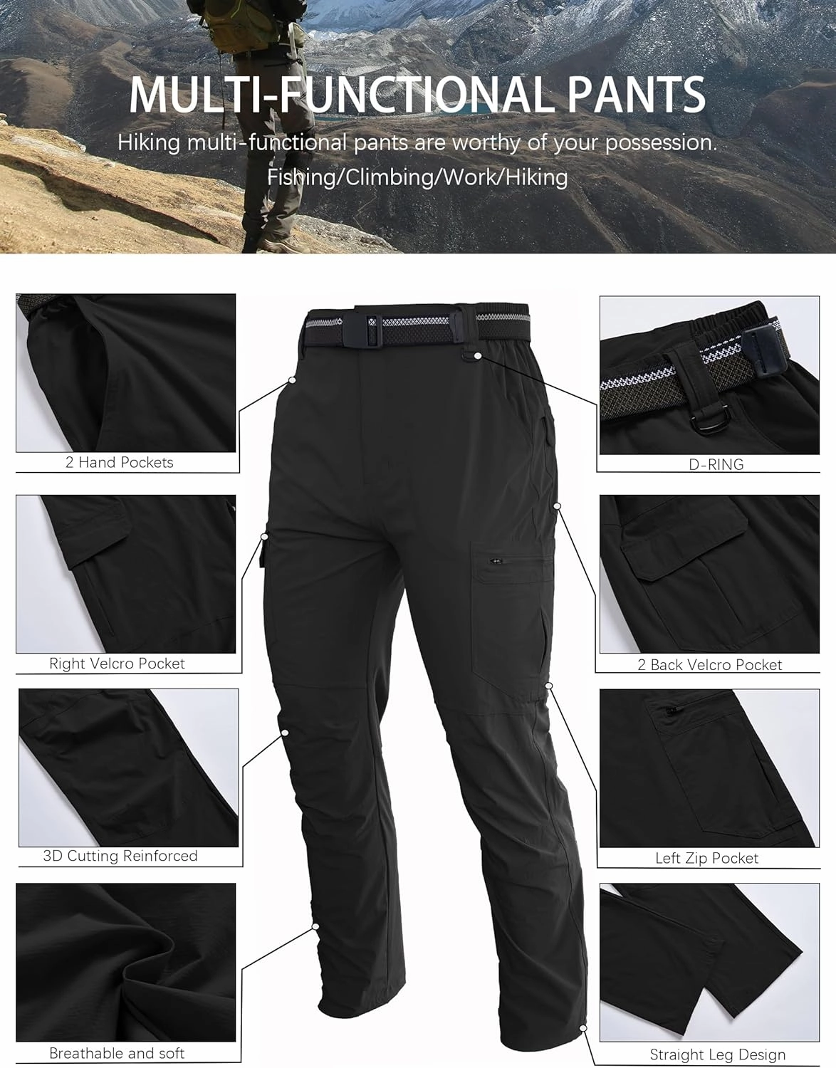 Men's Hiking Cargo Work Pants Lightweight Waterproof Quick Dry Camping Fishing Travel Outdoor Pants