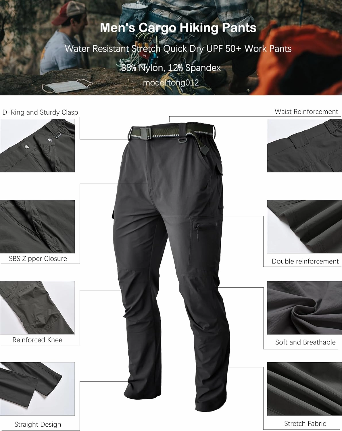 Men's Hiking Tactical Cargo Work Pants Quick Dry Waterproof Lightweight Travel Fishing Camping Outdoor Pants