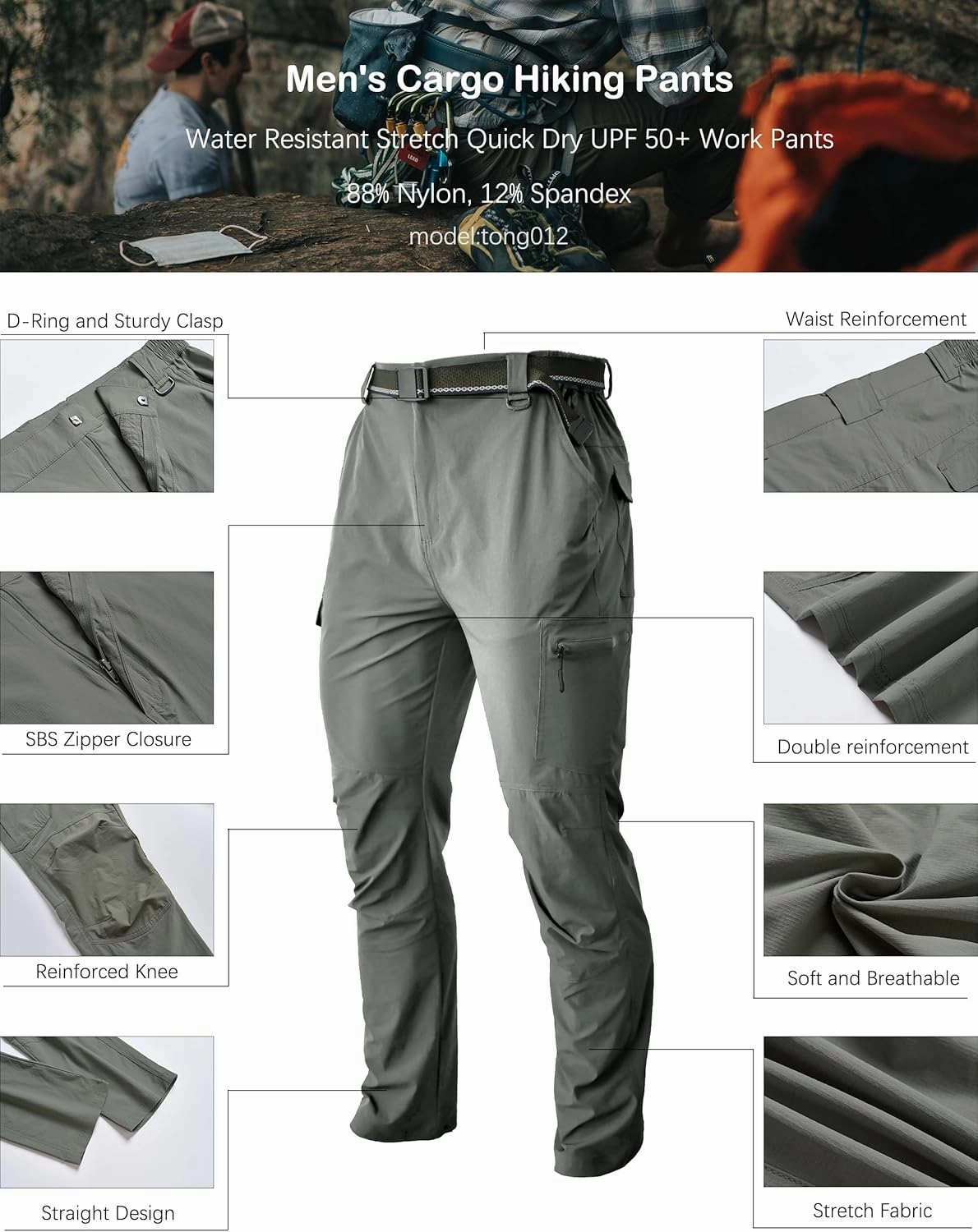 Men's Hiking Tactical Cargo Work Pants Quick Dry Waterproof Lightweight Travel Fishing Camping Outdoor Pants