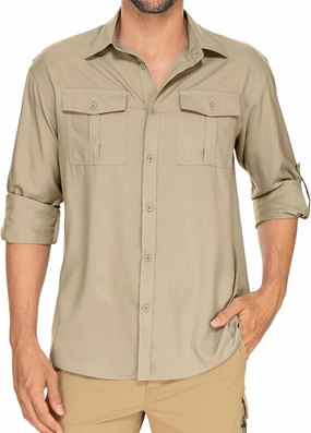 Men's Long Sleeve Safari Shirts UPF 50  Lightweight Quick Dry Cooling, Hiking Fishing UV Sun Protection Shirts（5065 Khaki XL）