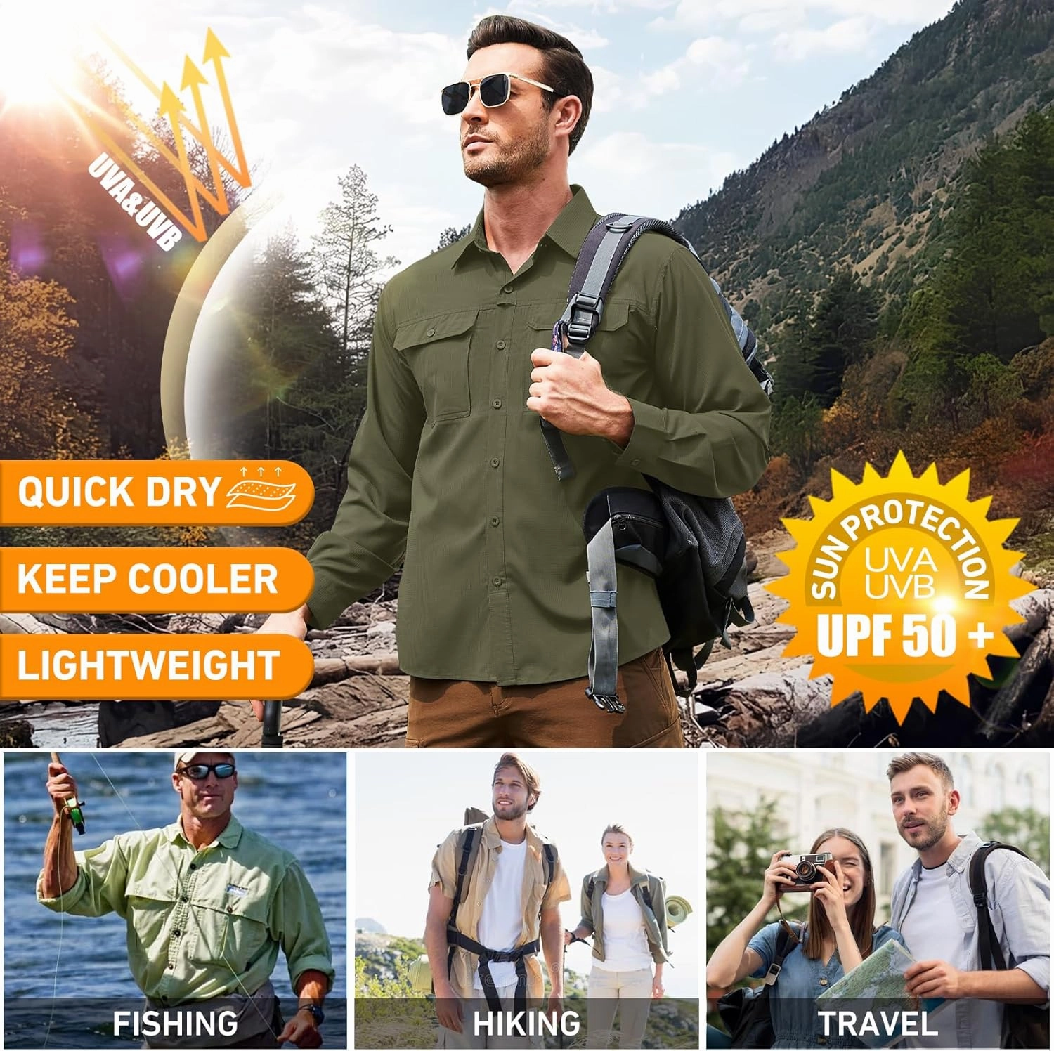 Men's Safari Hiking UPF 50  UV Long Sleeve Work Shirt Lightweight Quick Dry Cooling Outdoor Sun Protection Fishing Shirts