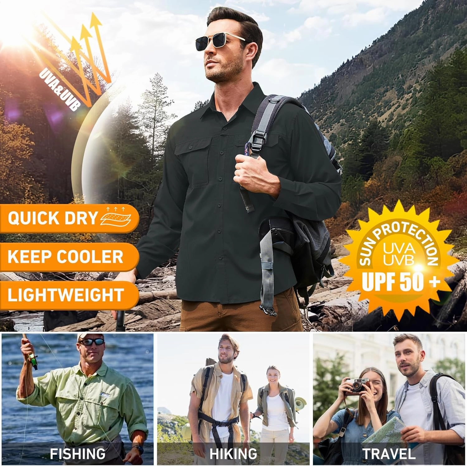 Men's Safari Hiking UPF 50  UV Long Sleeve Work Shirt Lightweight Quick Dry Cooling Outdoor Sun Protection Fishing Shirts