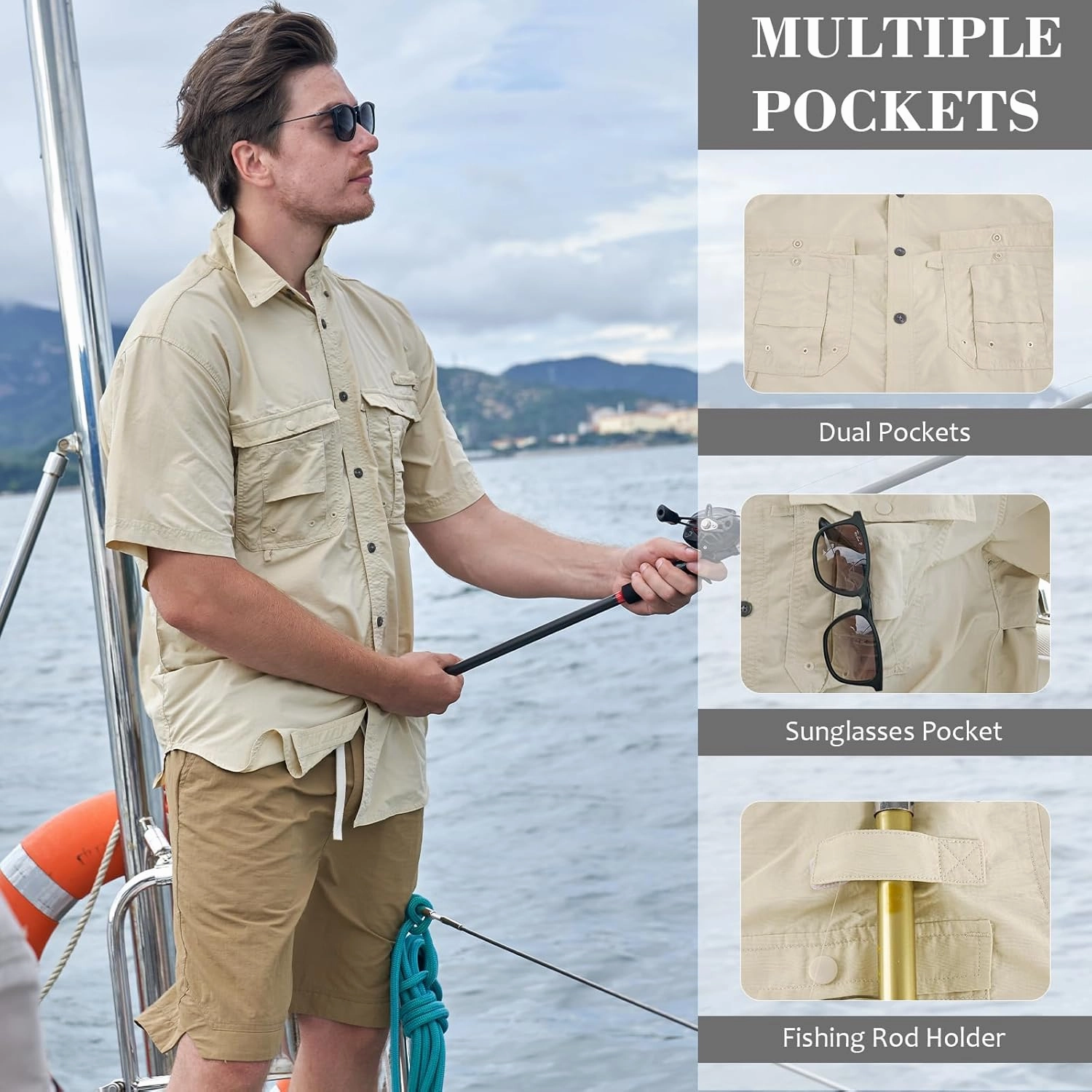 Men's Short Sleeve Fishing Shirts, Quick Dry UPF 50  Sun Protection Shirts for Hiking, Camping, Beach (Khaki, Lake Blue)