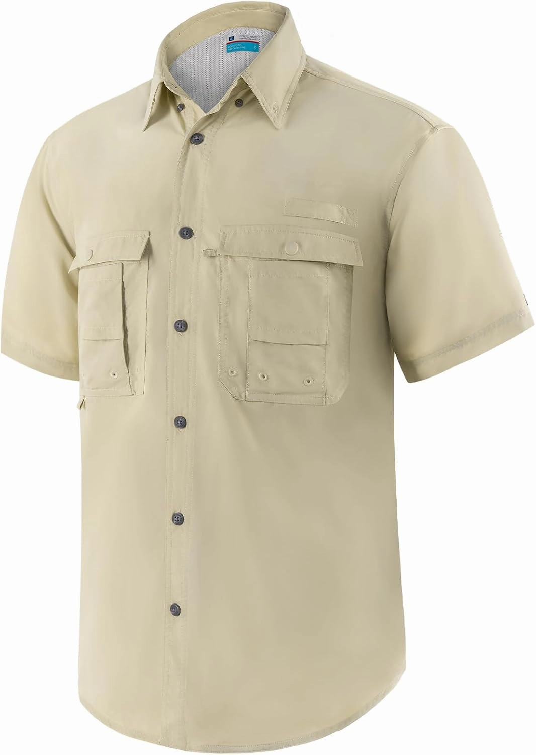 Men's Short Sleeve Fishing Shirts, Quick Dry UPF 50  Sun Protection Shirts for Hiking, Camping, Beach (Khaki, Lake Blue)