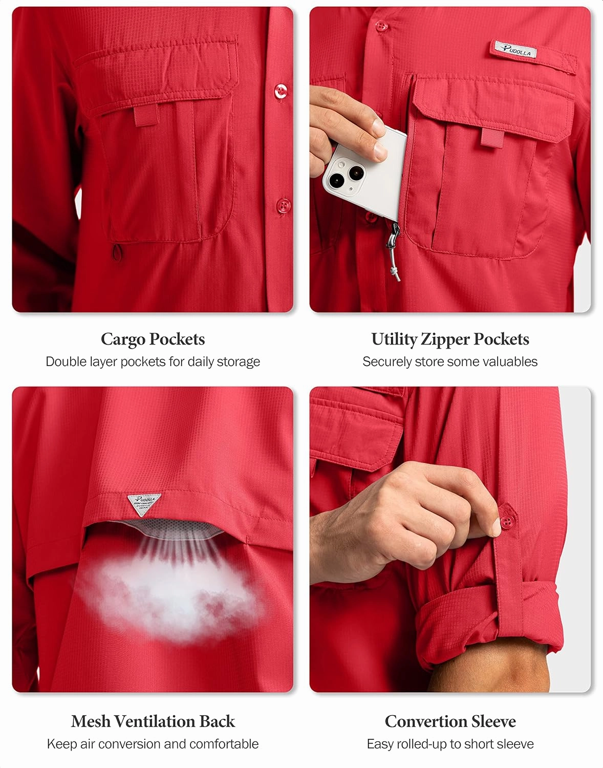 Men's Sun Protection Fishing Shirts Long Sleeve Travel Work Shirts for Men UPF50  Button Down Shirts with Zipper Pockets