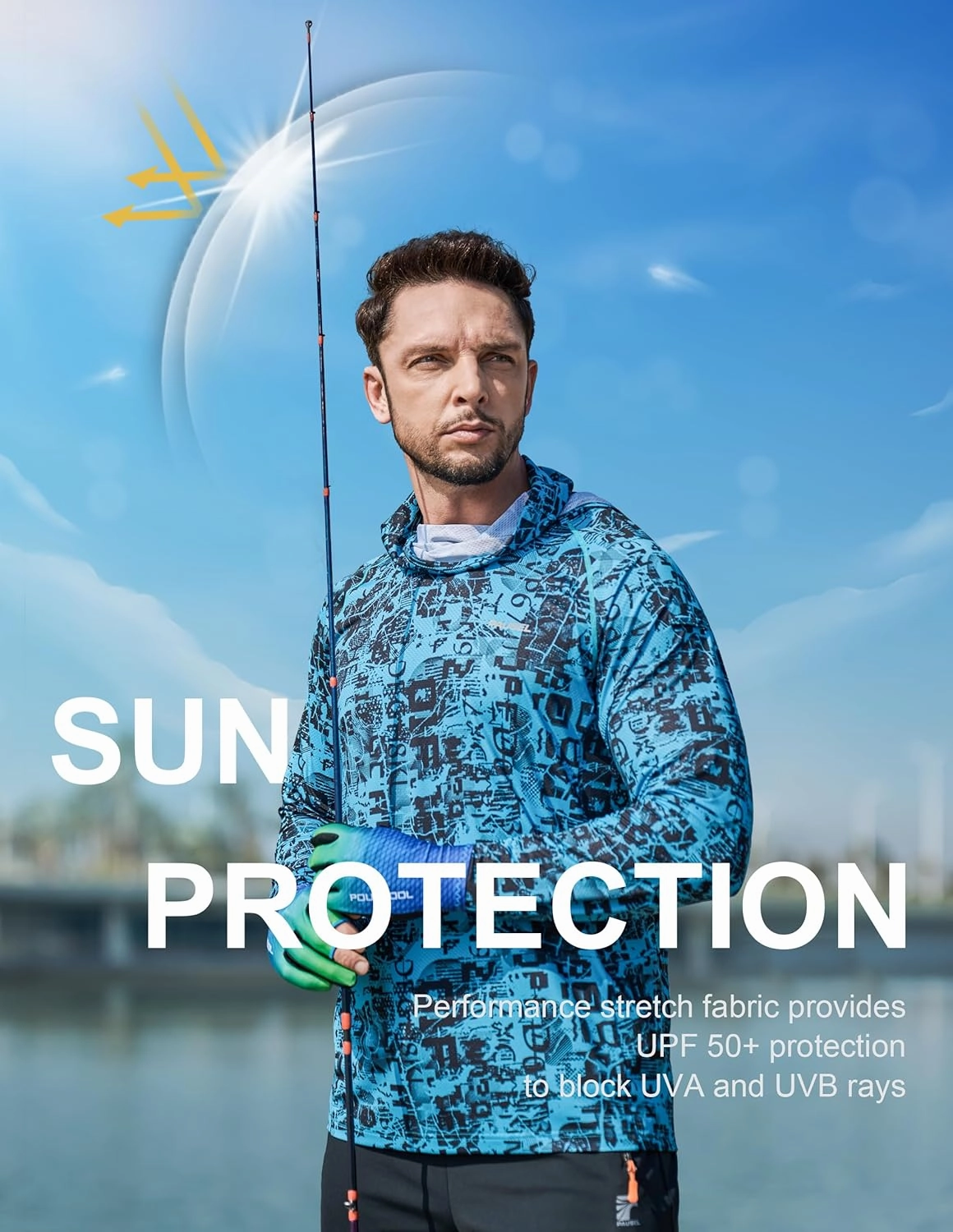 Men's Sun Protection Fishing Shirts UPF 50  Lightweight Hoodie Long Sleeve UV SPF Hooded Shirts with Mask Rash Guard