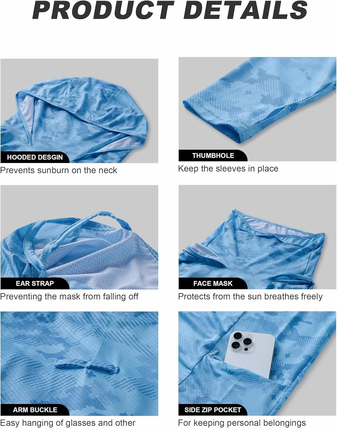 Men's Sun Protection Fishing Shirts UPF 50  Lightweight Hoodie Long Sleeve UV SPF Hooded Shirts with Mask Rash Guard
