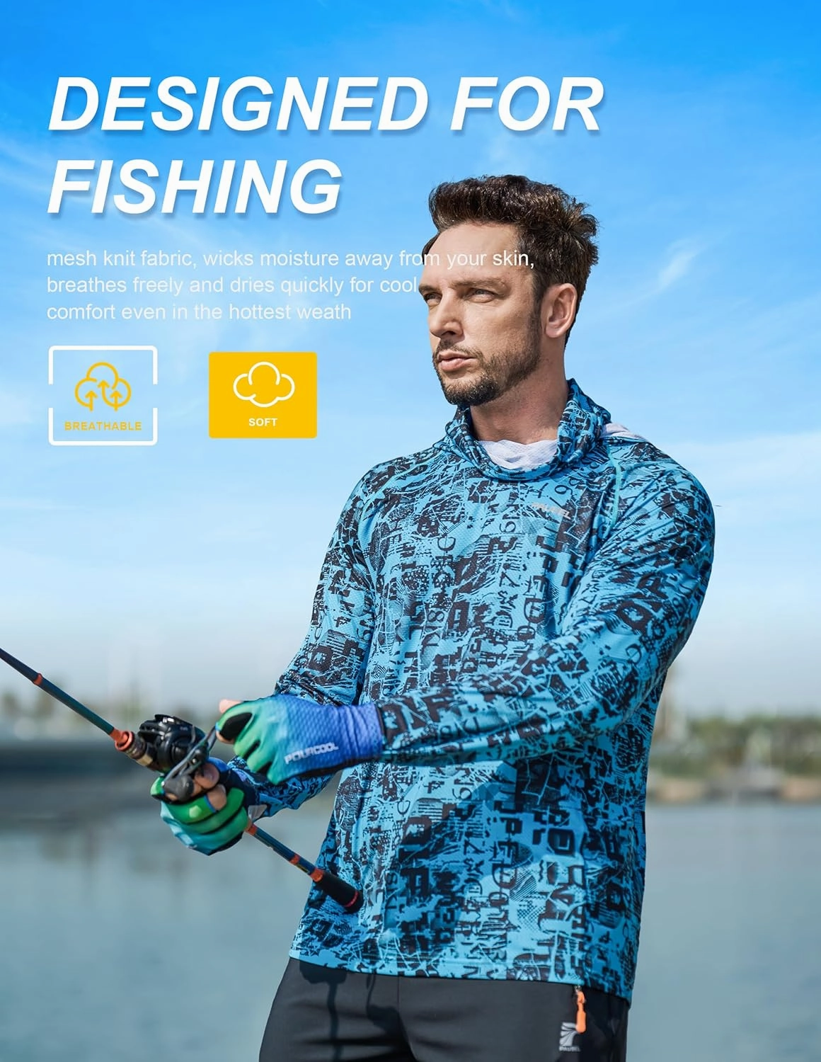 Men's Sun Protection Fishing Shirts UPF 50  Lightweight Hoodie Long Sleeve UV SPF Hooded Shirts with Mask Rash Guard