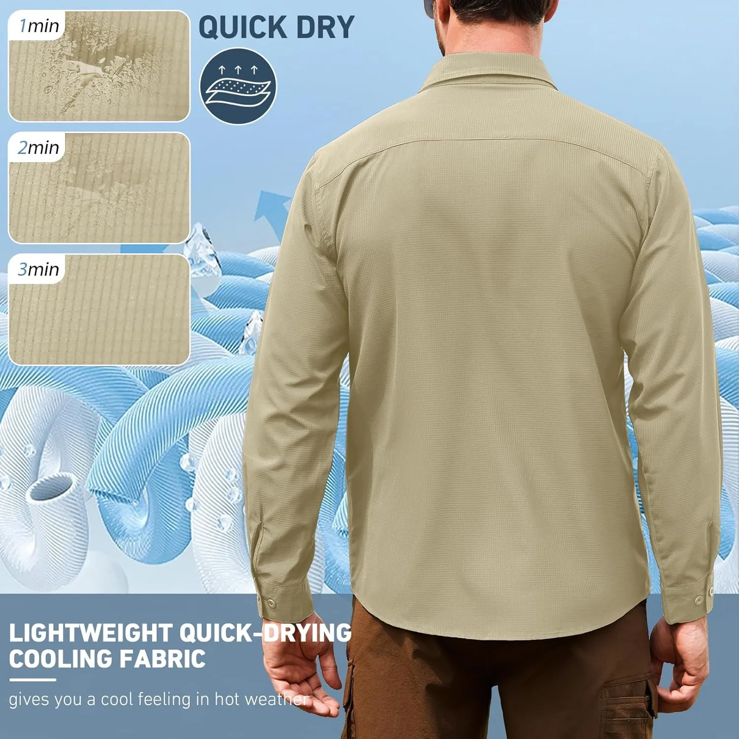 Men's Safari Hiking UPF 50  UV Long Sleeve Work Shirt Lightweight Quick Dry Cooling Outdoor Sun Protection Fishing Shirts
