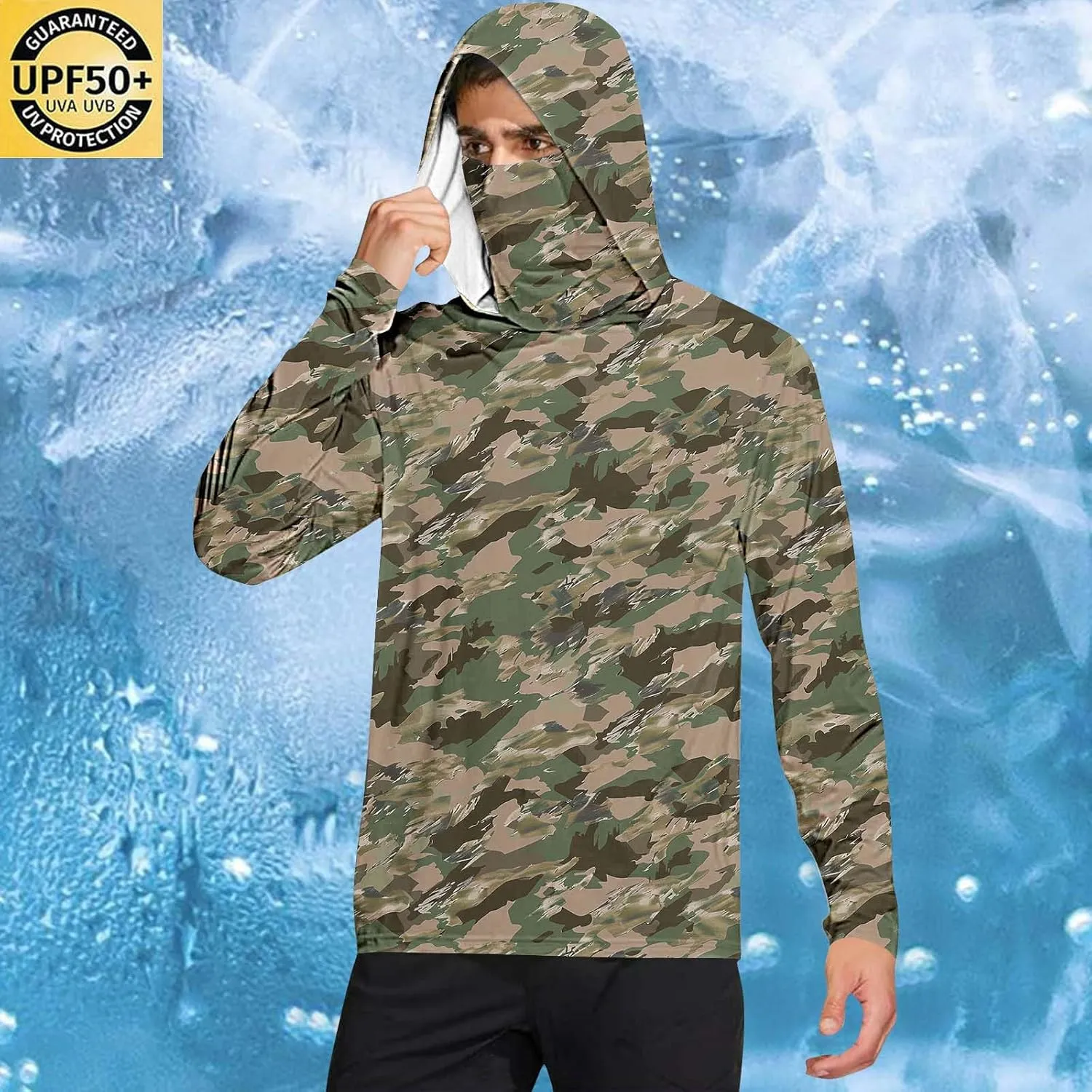 Men's UPF 50  Sun Protection Hoodie with Mask Long Sleeve Rash Guards UV Cooling Lightweight Fishing Hiking Shirts