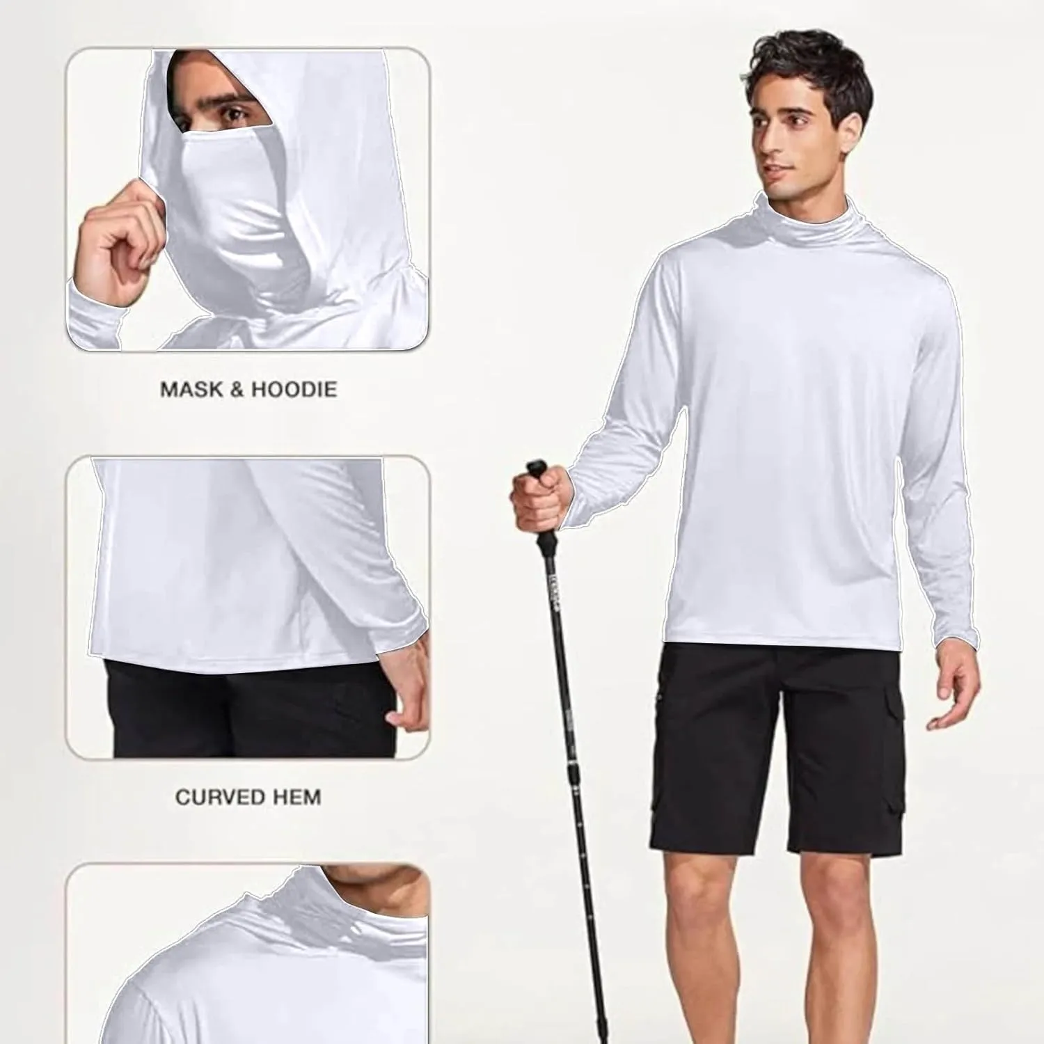 Men's UPF 50  Sun Protection Hoodie with Mask Long Sleeve Rash Guards UV Cooling Lightweight Fishing Hiking Shirts