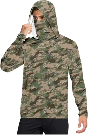 Men's UPF 50  Sun Protection Hoodie with Mask Long Sleeve Rash Guards UV Cooling Lightweight Fishing Hiking Shirts