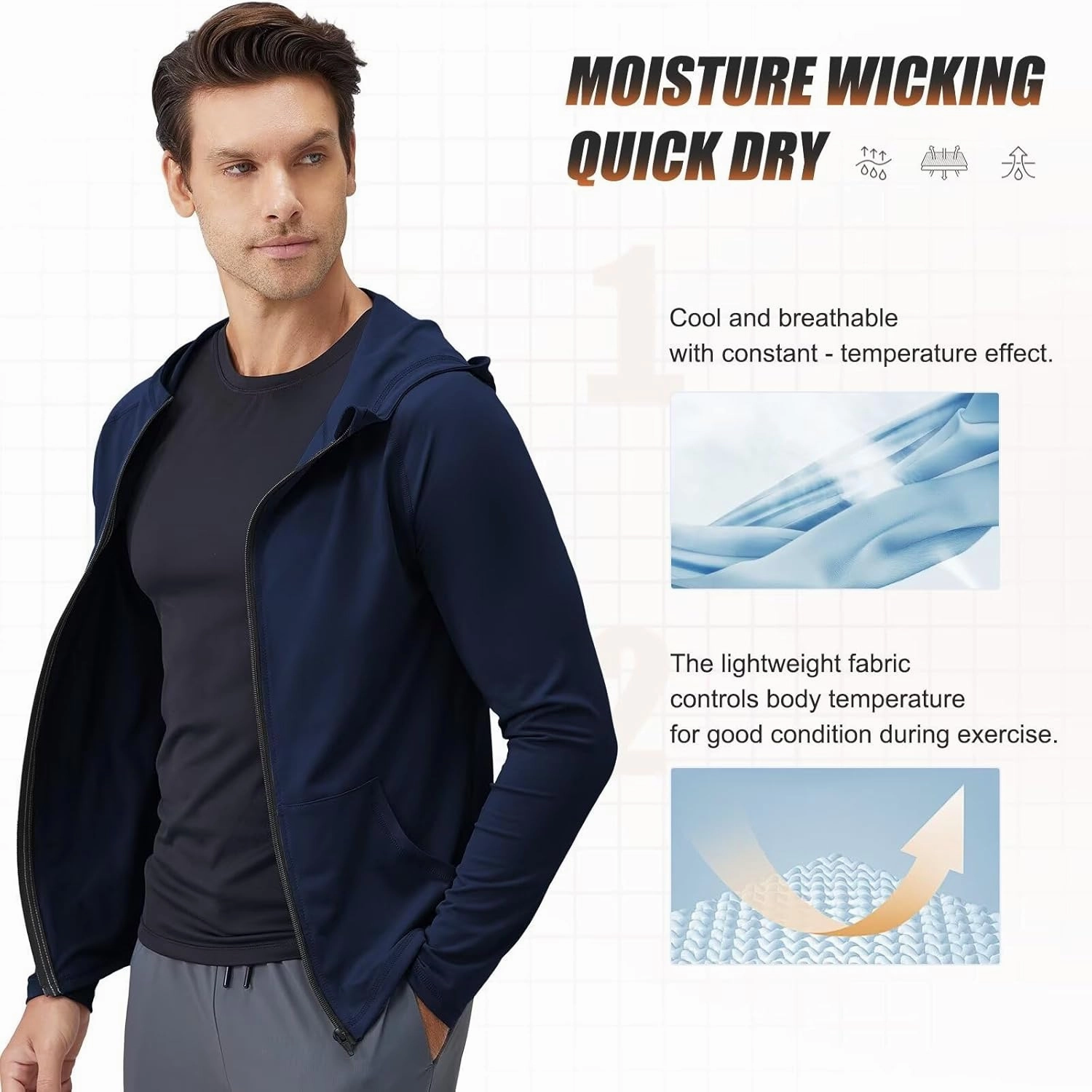 Mens Athletic Jacket for Running Workout Hiking Full Zip Sun Protection Hoodies for Fishing,Fast Dry Lightweight
