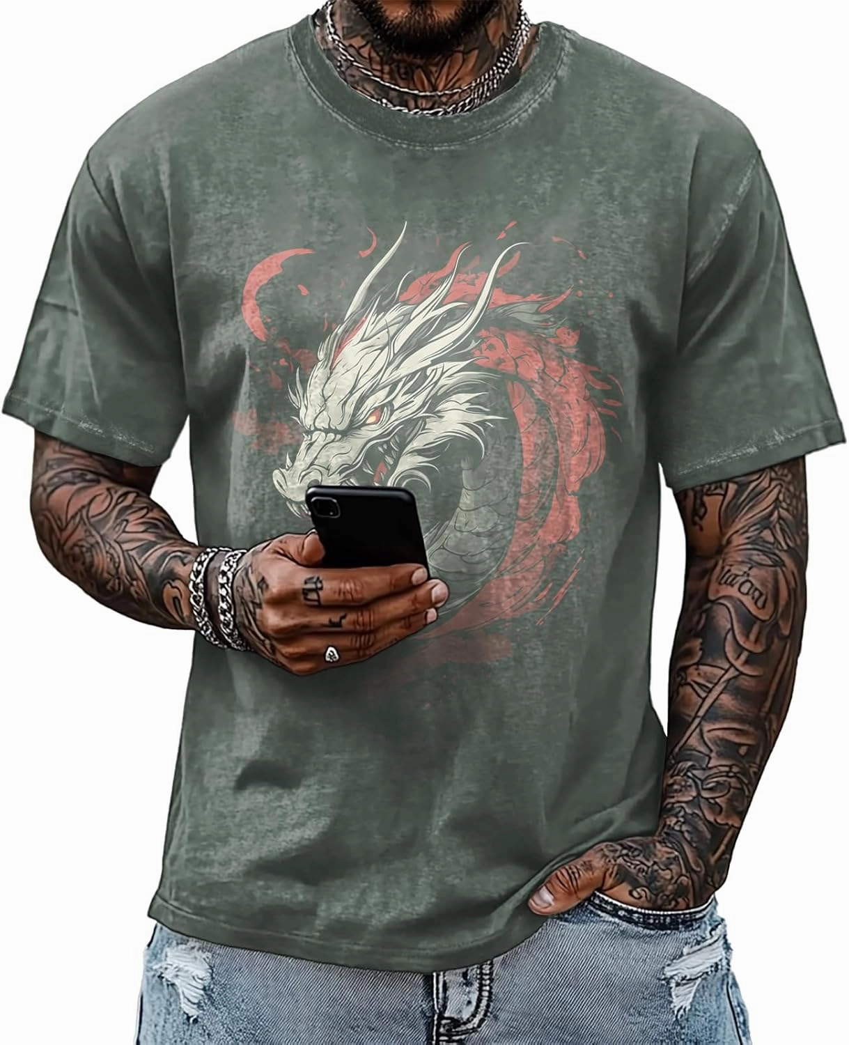 Mens Dragon Grpahic T-Shirts Short Sleeve 100% Cotton Crewneck Big and Tall Outdoor Summer Quick Dry Undershirts
