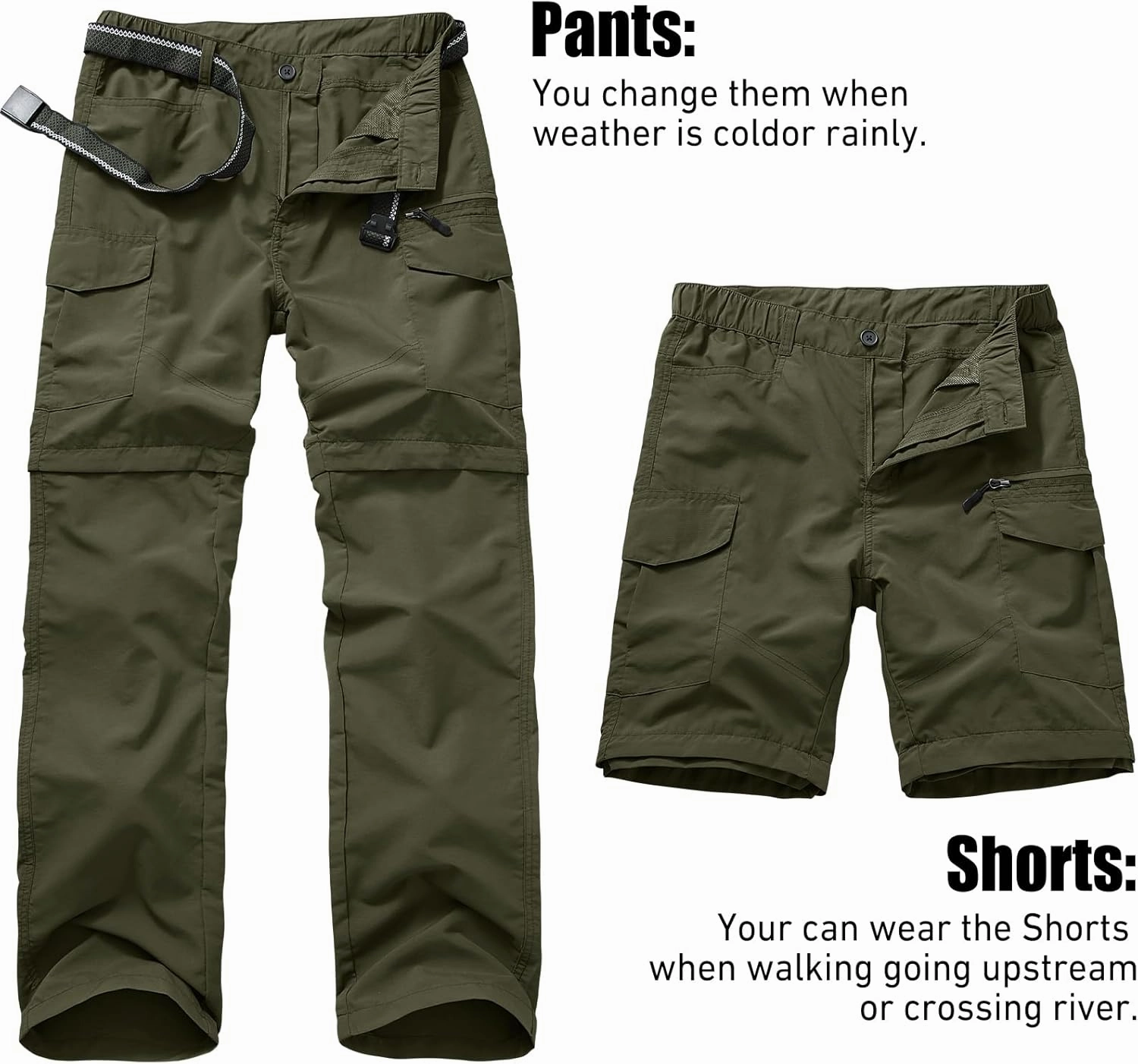 Mens Hiking Convertible Pants Quick Dry Zip Off Lightweight Cargo Fishing Work Pants Trousers with Belt