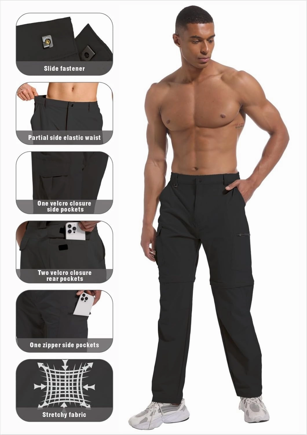 Mens Outdoor Hiking Pants Convertible Lightweight Water Resistant Quick Dry Zip Off Fishing Travel Camping Tactical Pants