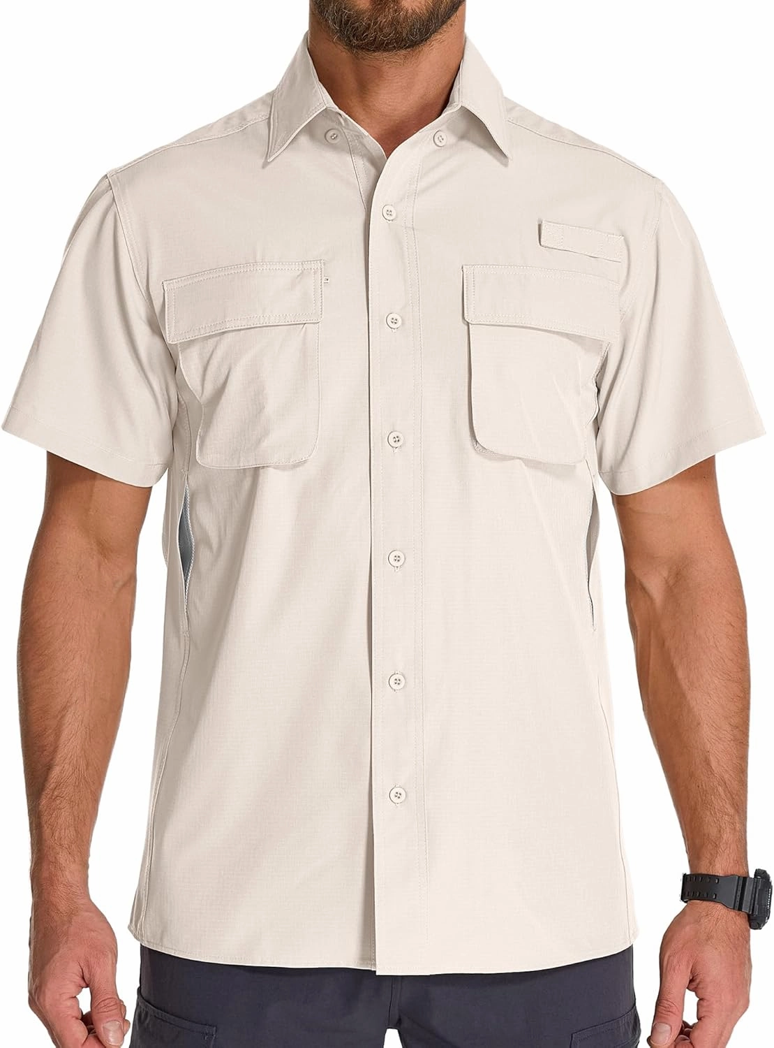 Mens UPF 50  Sun Protection Short Sleeve Quick Dry Fishing Safari Hiking Shirt with Zipper Pocket Lightweight Cooling