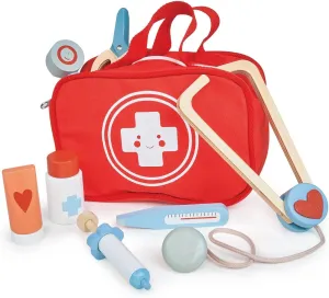 Mentari Toys - My First Aid Kit - 8pc Wooden Pretend Doctor Kit with Red Storage Bag - Educational Role Play Toy with Realistic Pieces - Inspire Empathy and Creativity - Age 3 