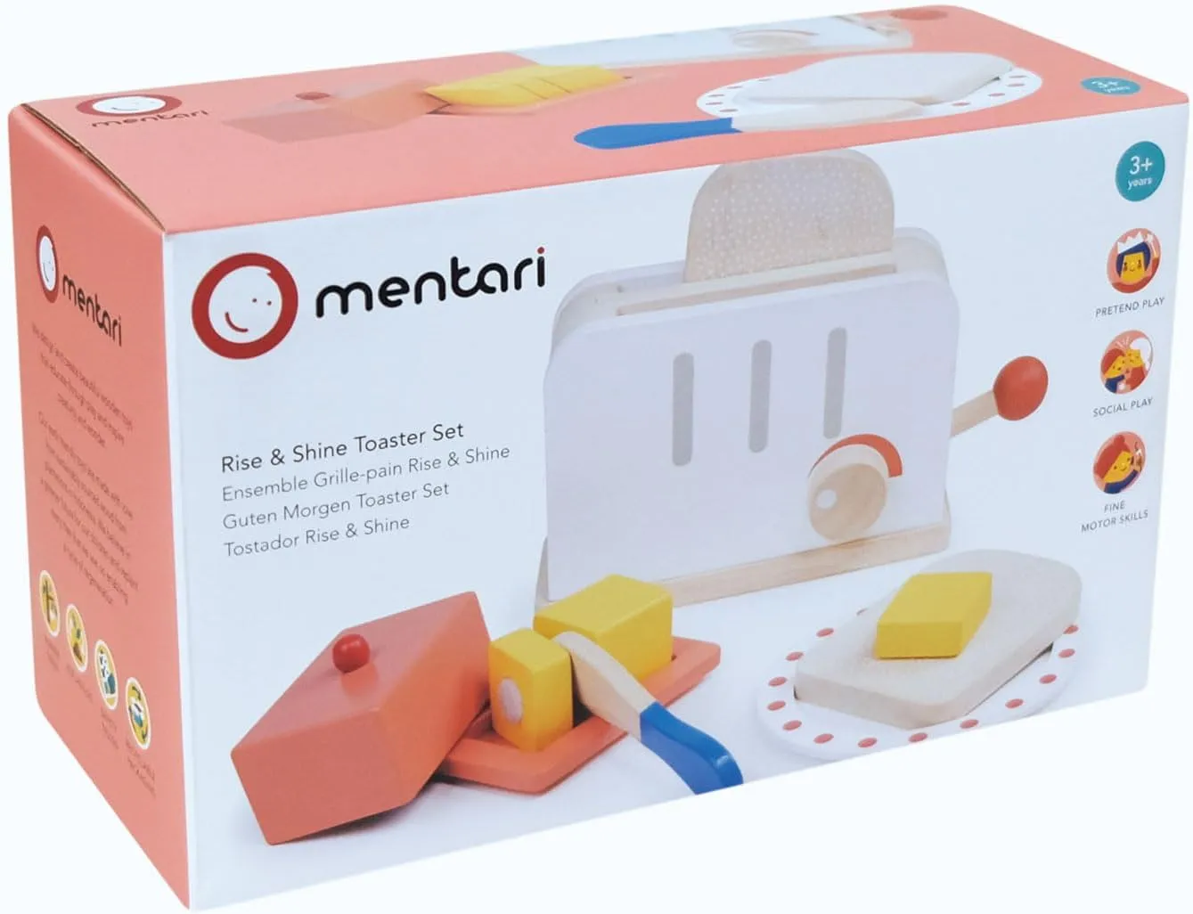 Mentari Toys - Rise & Shine Toaster Set - 10pc Wooden Toaster Toy with Pretend Play Food Accessories - Kids Role Play Kitchen/Cafe Toy - Improves Motor Skills - Sparks Creativity - Age 3 
