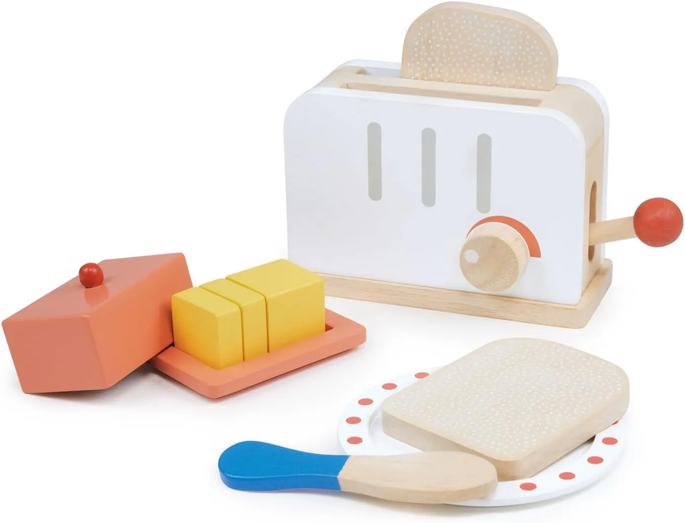 Mentari Toys - Rise & Shine Toaster Set - 10pc Wooden Toaster Toy with Pretend Play Food Accessories - Kids Role Play Kitchen/Cafe Toy - Improves Motor Skills - Sparks Creativity - Age 3 