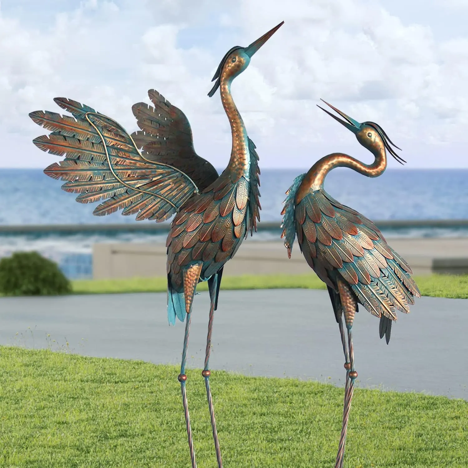 Metal Heron Yard Art, Standing Garden Sculptures & Statues for Outdoor Decor, 38-42 Inch Set of 2, Copper
